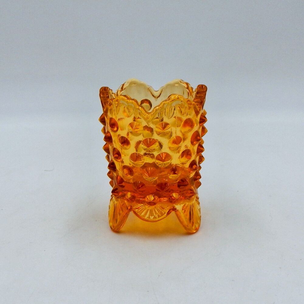 Fenton Art Glass Amber Hobnail Footed Toothpick Holder Scalloped Edge Vintage